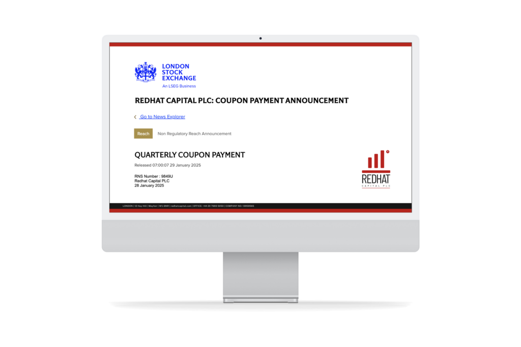 Quarterly Coupon Payment. Released 07:00:07 29 January 2025. RNS Number : 9849U. Redhat Capital PLC. 28 January 2025
